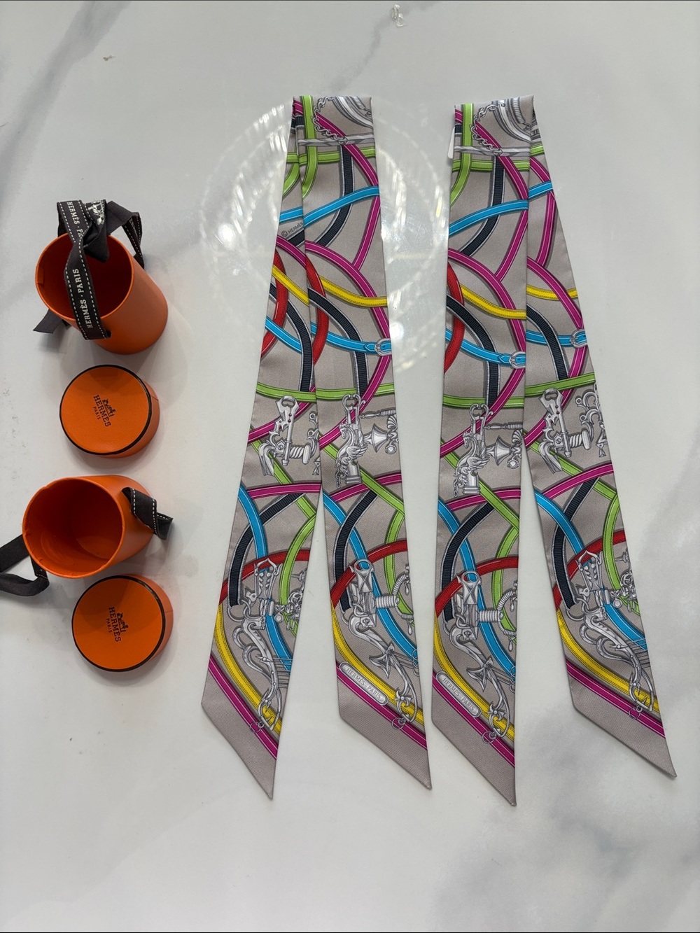 Hermes Multicolor Silk Twilly Scarf with Pink, Blue, Green, Yellow Accents